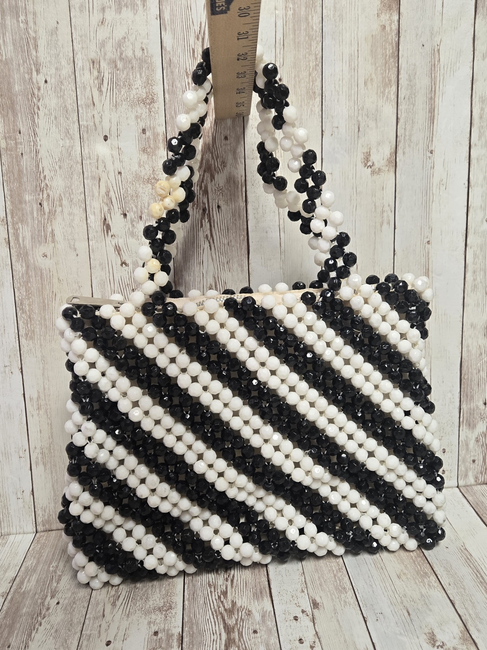 Vintage Handmade Hong Kong Beaded Purse Black White Stripe Retro Mod Bag